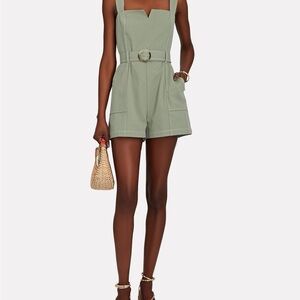 Intermix Green Sleveless Stephania Belted Cotton Twill Romper Button Straps